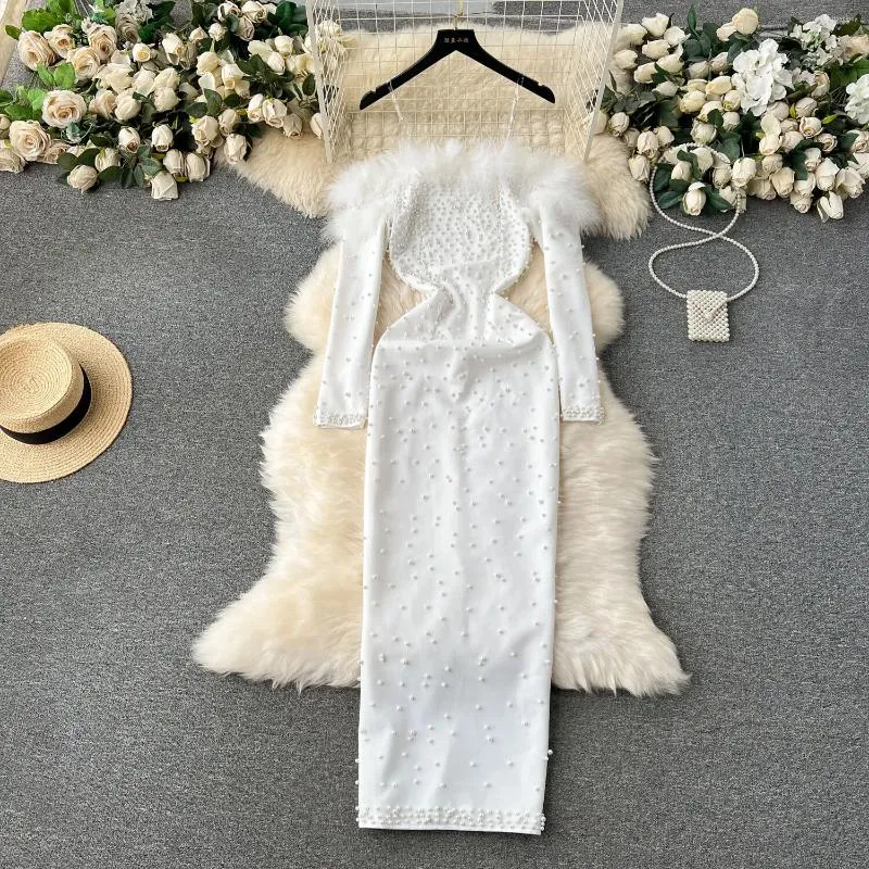 Casual Jurken Foamlina Elegante Witte Kralen Avondfeest Jurk Voor Vrouwen Sexy Nepbont Gesplitst Off Schouder Lange Mouw Zwarte Bodycon