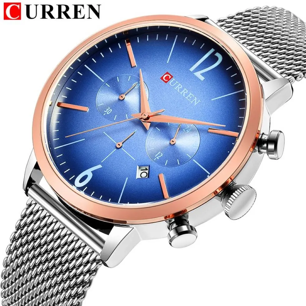 CURREN FashionCasual chronographe Sport hommes montres à Quartz maille bracelet en acier montre-bracelet affichage Date horloge Relogio Masculino277s