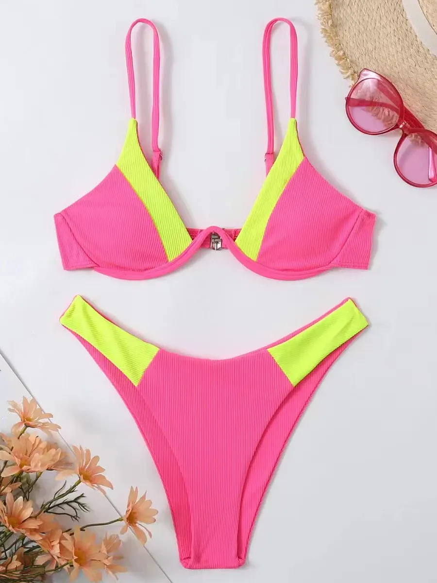 Sexy Color Block Brazilian Bikinis Push Up Swimwear For Women Strappy ...