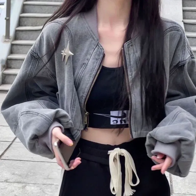 DHgate.com:Grey Denim Y2K Grunge Cross Crop Jacket