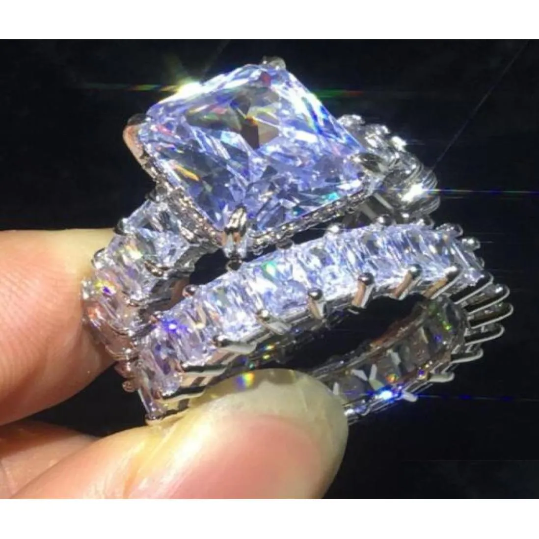 Pierścieni miłośnicy Vecalon Pierścień Zestawy 925 Sterling Sier Princess Cut Diamond Band dla kobiet palec biżuterii 4961075 Drop dostawa j DHZVP