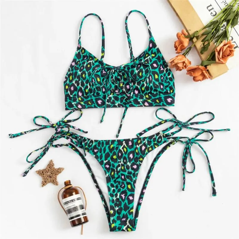 Traje de baño para mujer, Bikini con estampado de leopardo Sexy, traje de baño para mujer, conjunto de dos piezas con cordones, bañador, traje de baño para mujer K3227