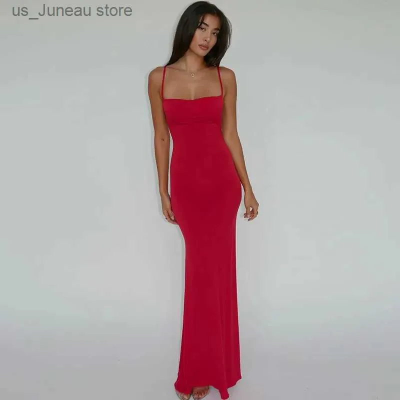 Temel gündelik elbiseler 161 Kırmızı Seksi Sırtsız Slipess Slip Maxi Elbise Kadınlar İçin Zarif Yaz Tatil Plajı Sundresses T240330