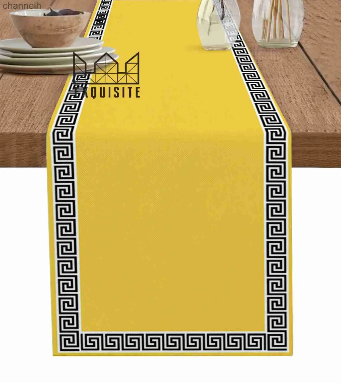 Tabell Runner Yellow Geometric Zigzag Greek Key Design Mönster Moderna löpare för bröllopsfest Decorarion Christmas YQ240330