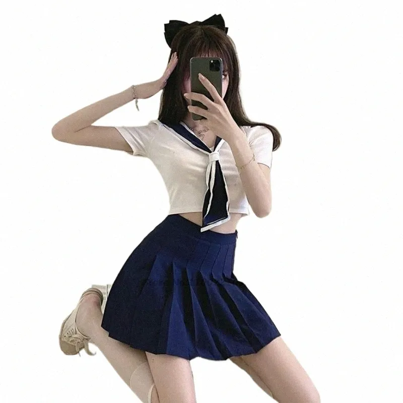 2024 Uniformes scolaires japonais College College Student Girls Navy JK Costume Sailor Blouse + Jupe plissée Ensemble A1xA #