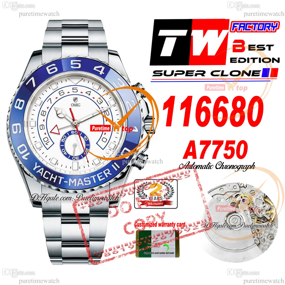 44mm 116680-0002 A7750 Cronógrafo Automático Mens Watch TWF Moldura de cerâmica azul Mostrador branco Pulseira de aço 904L Super Edição Cartão da mesma série Puretimewatch Reloj