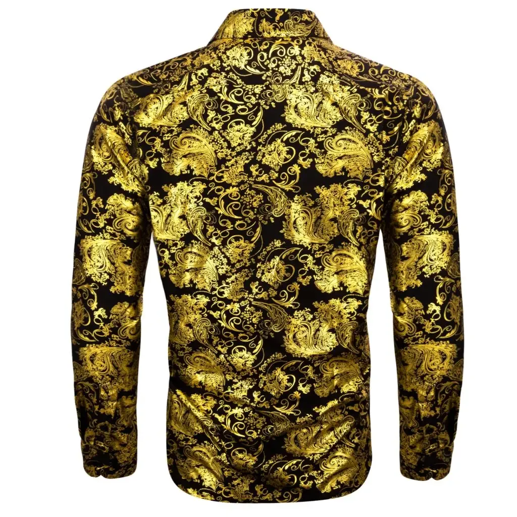 Camisa De Hombre Con Botones Manga Corta Negro Y Dorado - Estampado Floral, Estilo Casual Y Retro