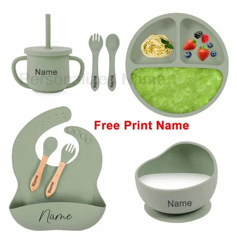 8Pcs Baby Silicone Feeding Set Round Dining Plate Sucker Bowl Dishes For Kids Personalized Name Childrens Tableware Straw Cup 240326