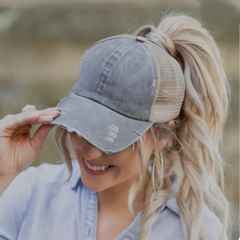 Vintage Ponytail Baseball Cap Women Adjustable Snapback Hat Mesh