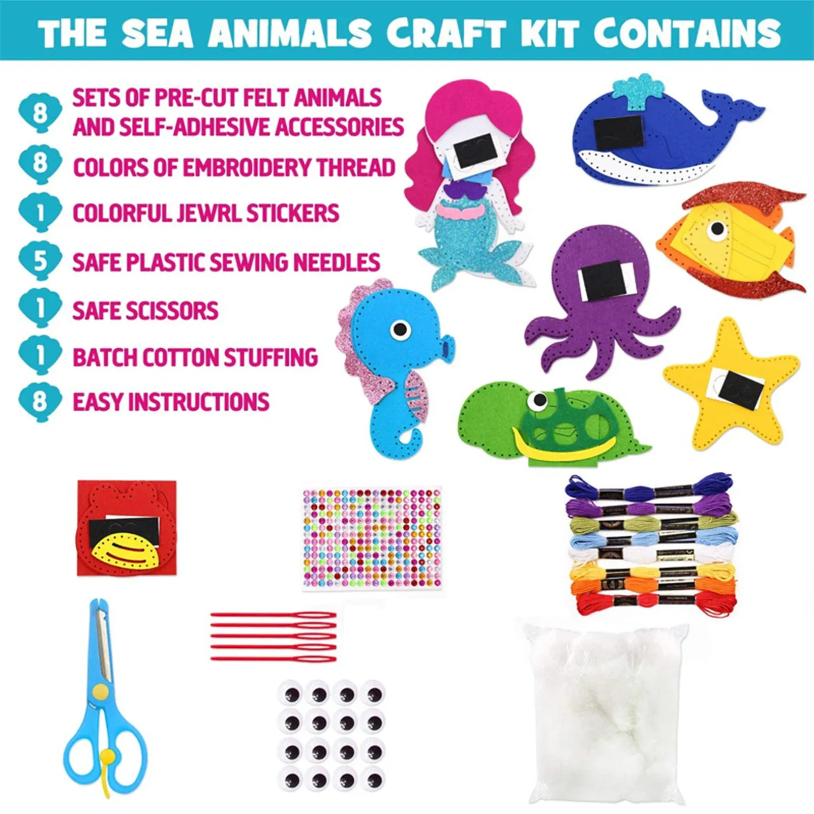 Kit De Bordado Con Aguja Para Niños +5 Años | 12 Animales De Fieltro | Creativo Y Seguro