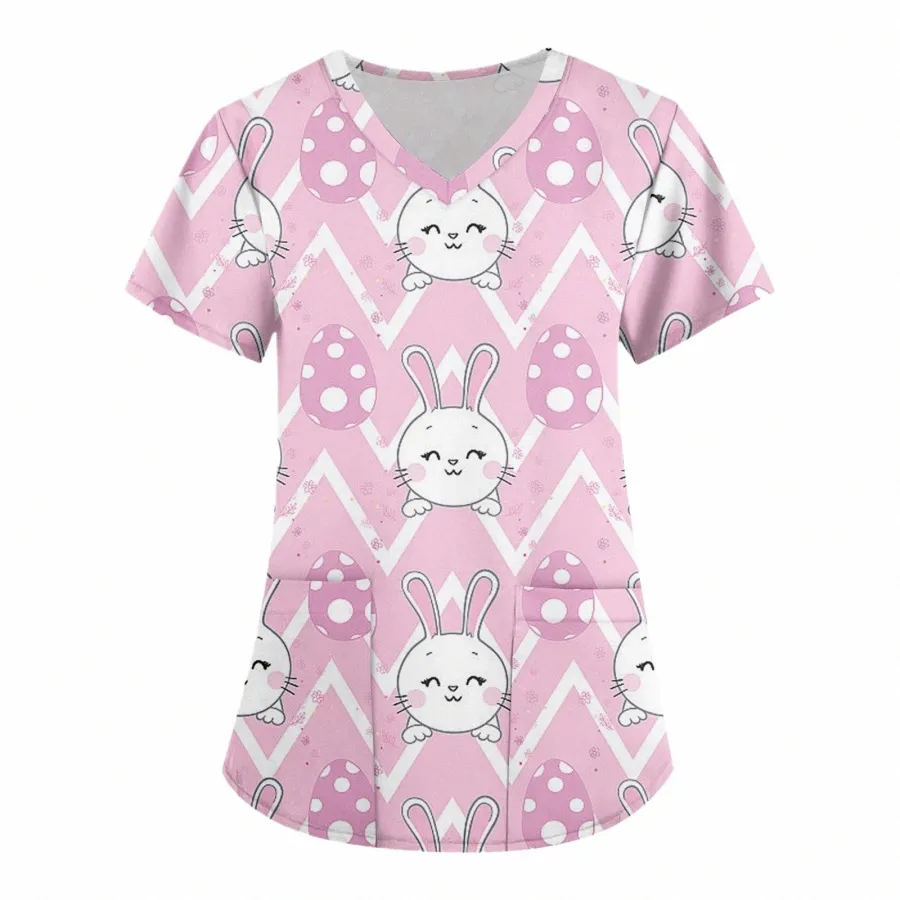 easter Bunny Women Casual Hospital Nurse Uniform Clinic Operating Room Printed Short Sleeve Pocket Loose Top Medical Scrubs Z8xI#