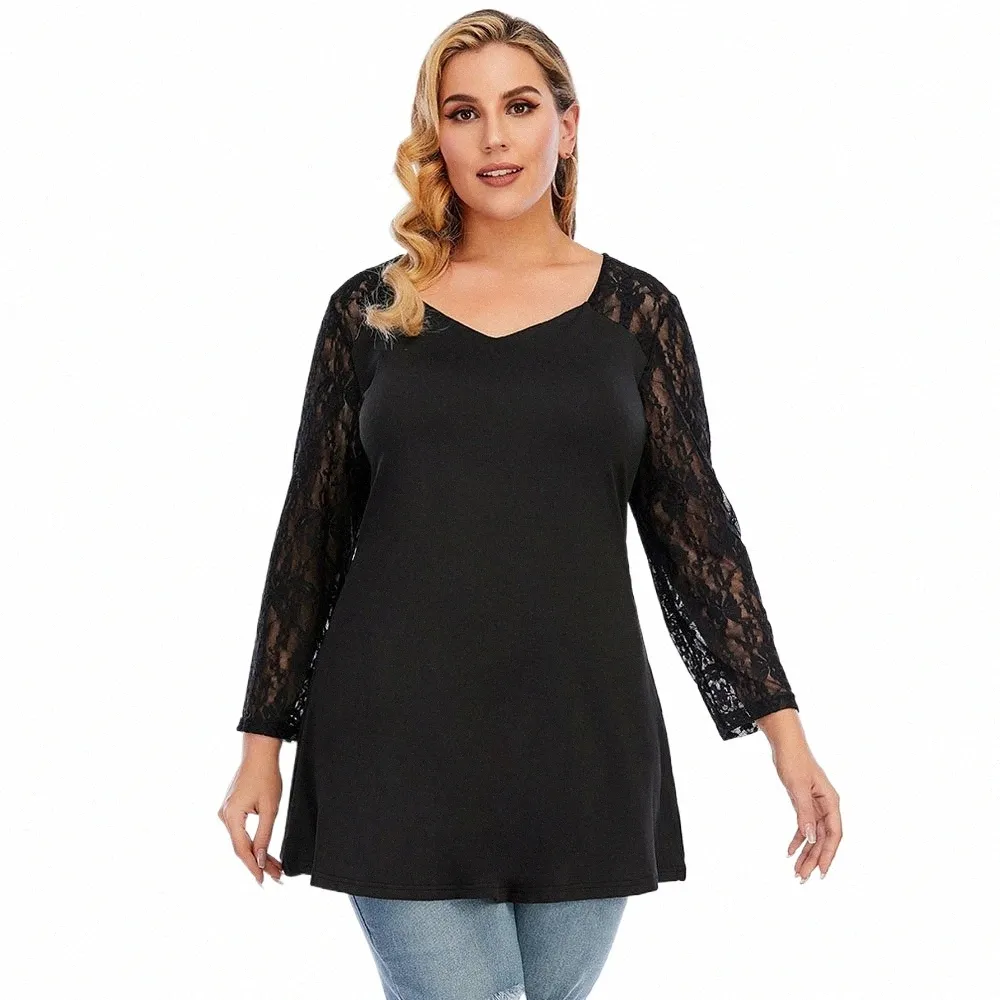 2021 T-shirts pour femmes Plus Taille 4XL 5XL Femme Col en V Manches en dentelle Tops décontractés Noir Stretch T-shirt surdimensionné Femmes Vêtements T4vo #