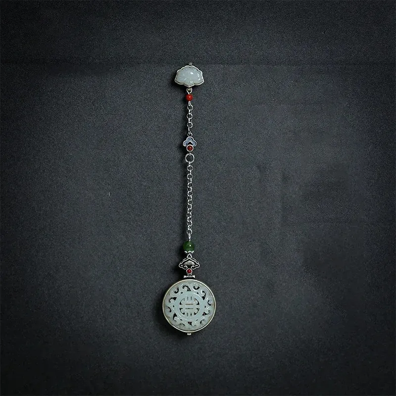 Original Natural An Jade Round Ruyi Button Pendant Openable Vintage Long Chain Tassel 925 Silver smycken Hanfu Tillbehör 240315