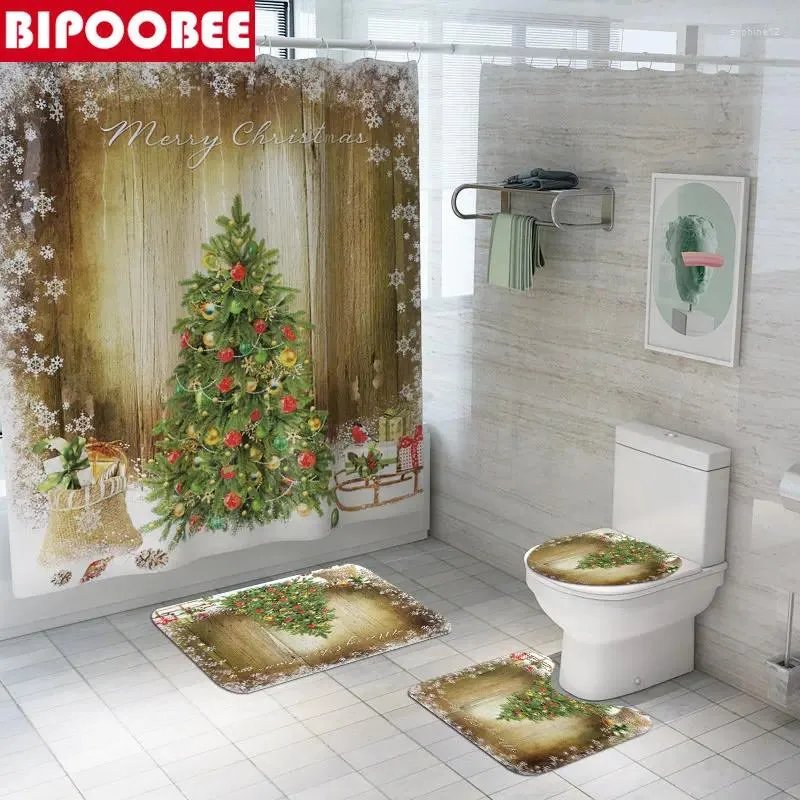 Duschvorhänge Frohe Weihnachten Vorhang Baum Badezimmer Set Schlitten Schneeflocken Bad Matten Toiletten Cover Teppichen Geschenke Party Dekor Dekor