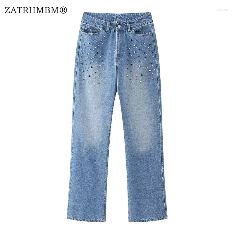 Dames Jeans ZATRHMBM 2024 Damesmode Kunstmatige Diamant Instelling Recht Vintage Zijzakken Hoge Taille Vrouwelijke Broek Mujer