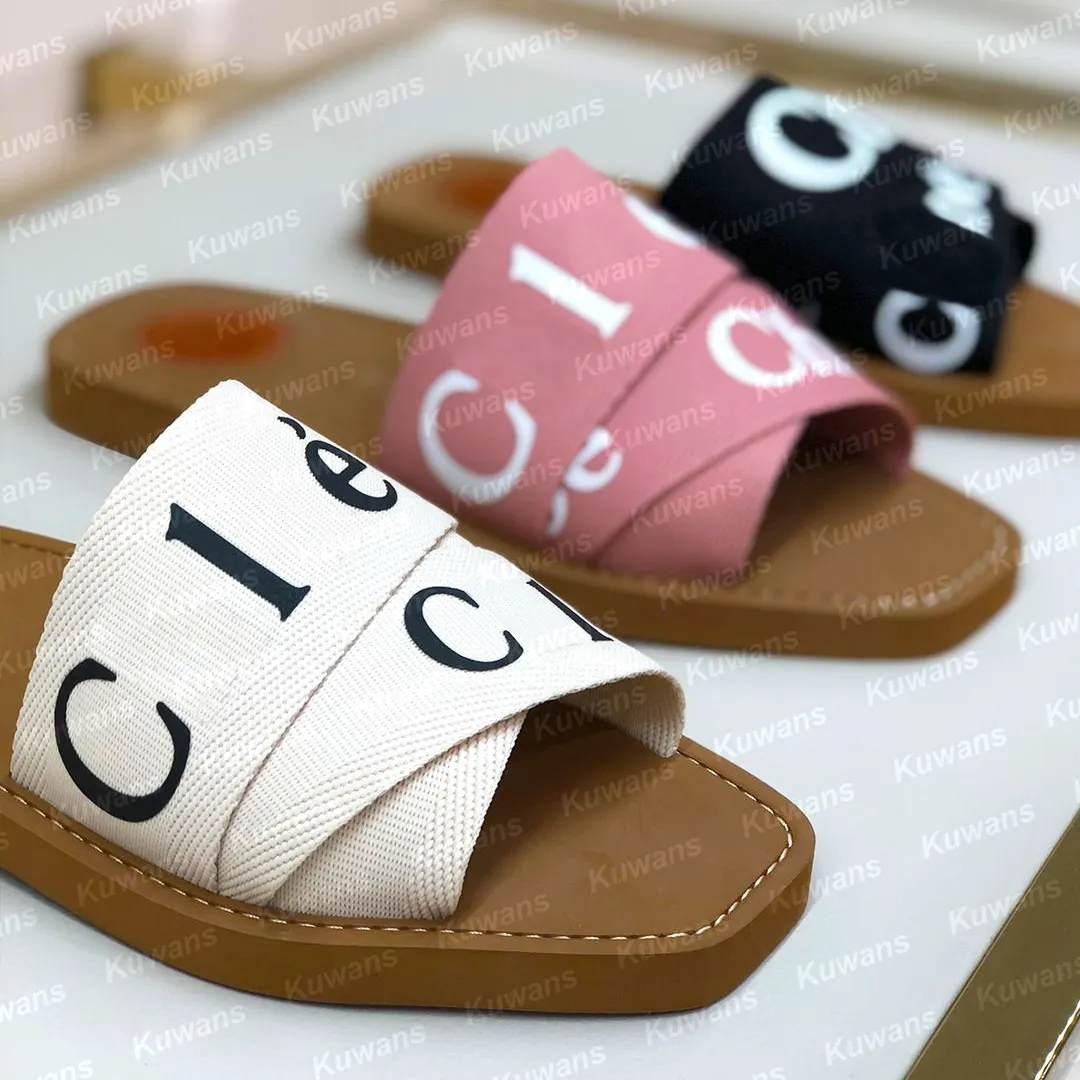 Designer Woody Flat Mule Women Sandals Beach Slippers Summer Canvas Slides Embroidered Fall Waterproof Luxury Comfortable Fabric Size 35-42