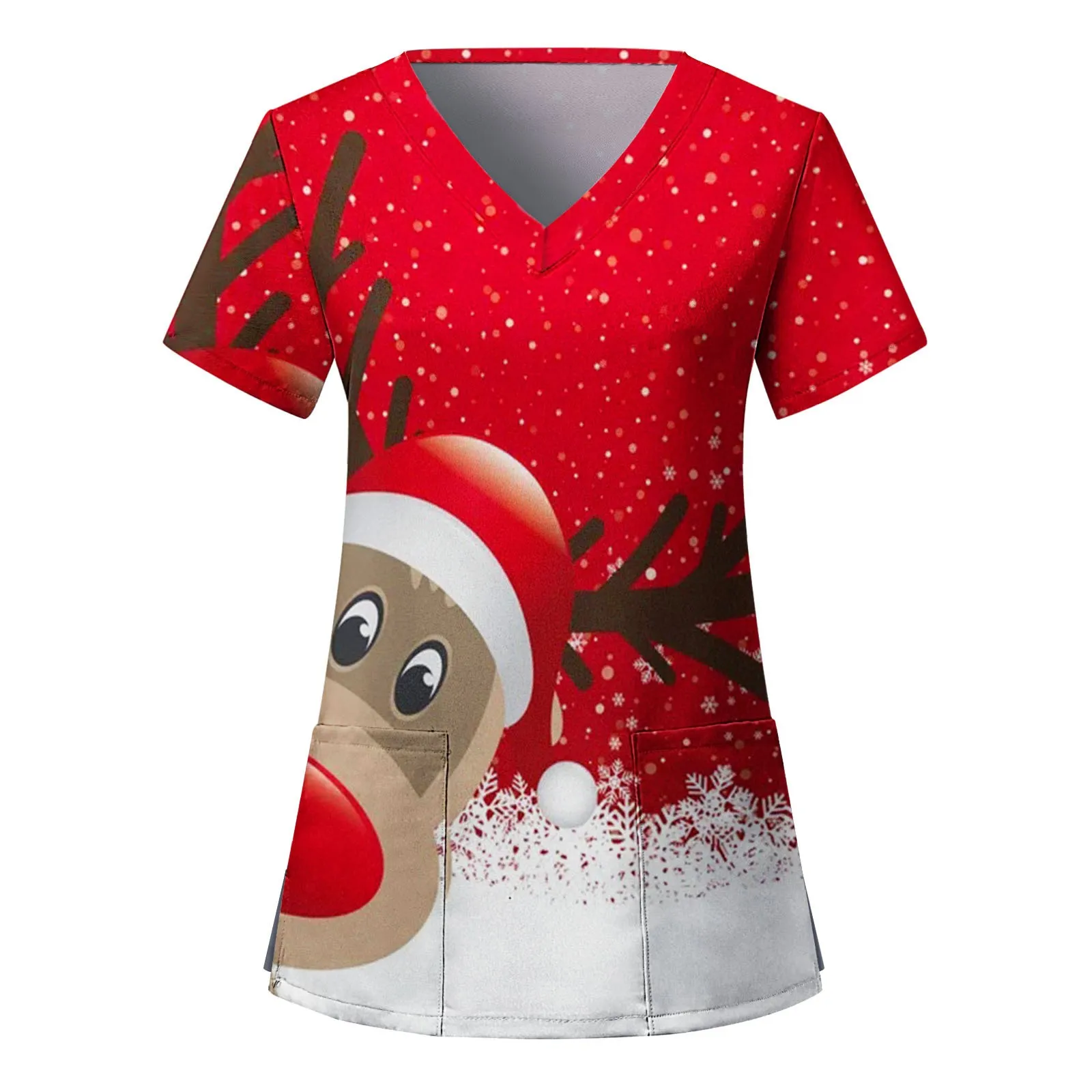 Christmas Print Short Sleeve V-Neck Nurse Uniform Scrubs for Women - Medical Nursing and Xmas Workwear, image size:1600x1600
