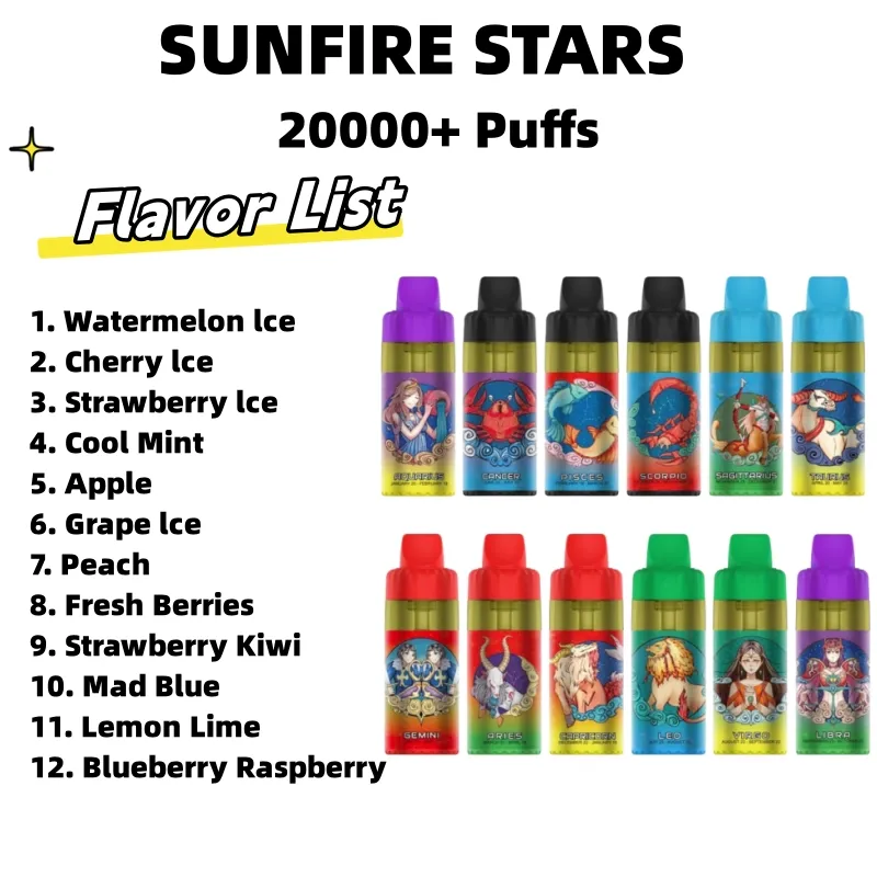 Star del fuoco Sunfire originali Shisha Hookah Puff 15000 Mash vape usa e getta 600MAH Type-C 25ml POD Preimpuggita 12 Fusti a vapori a vaporizza