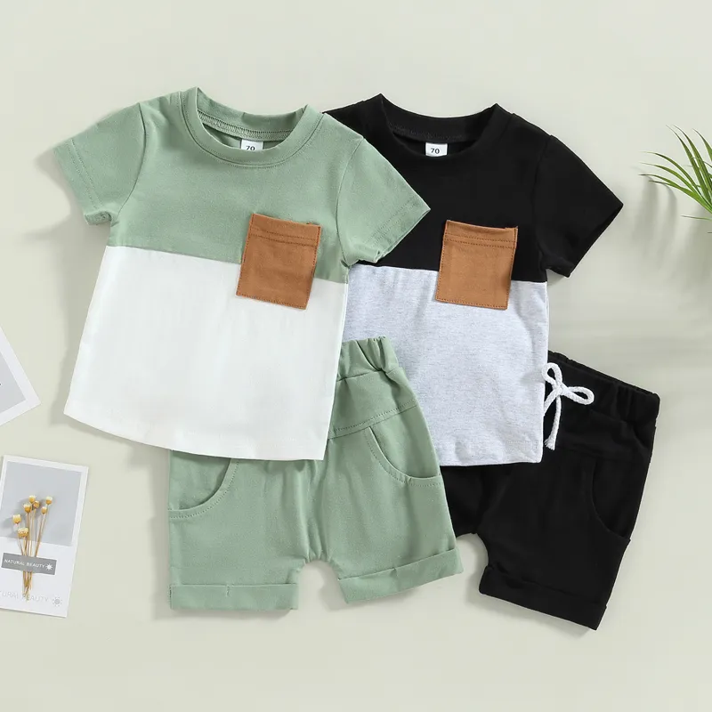 Summer Toddler Kids Boys Clothes Set Patchwork Color Pocket SHORT STEVE T-SHIRTS+Shorts Nyfödda Casual Sportwear Outfits