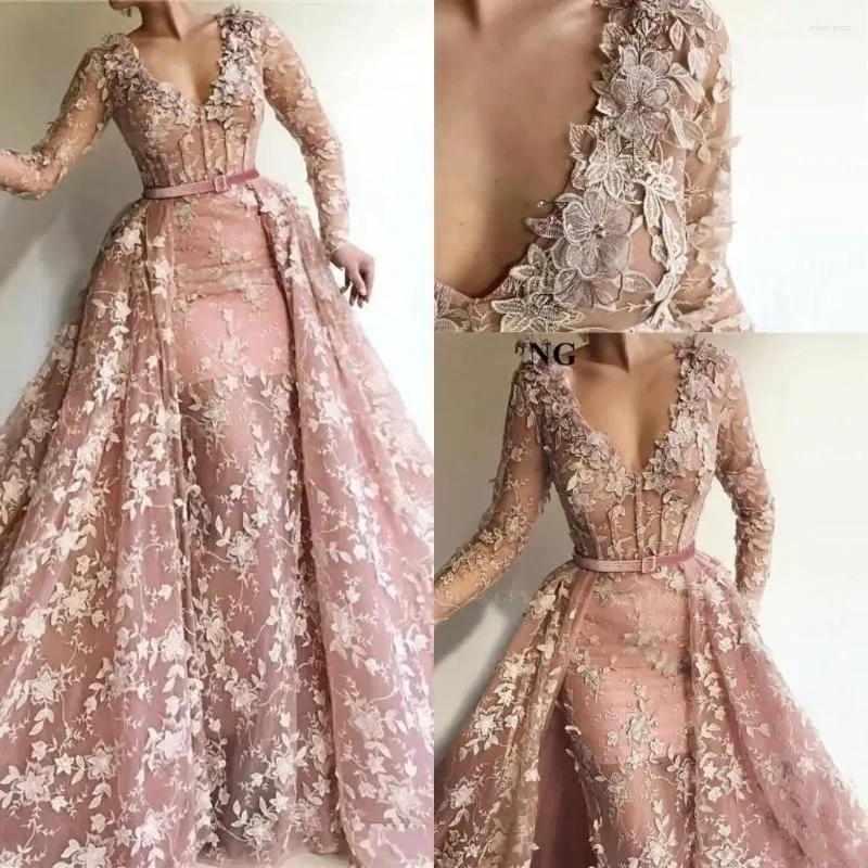 Vestidos de pista rosa com decote em v renda sereia noite mangas compridas apliques vestidos de baile com trem destacável roupa formal