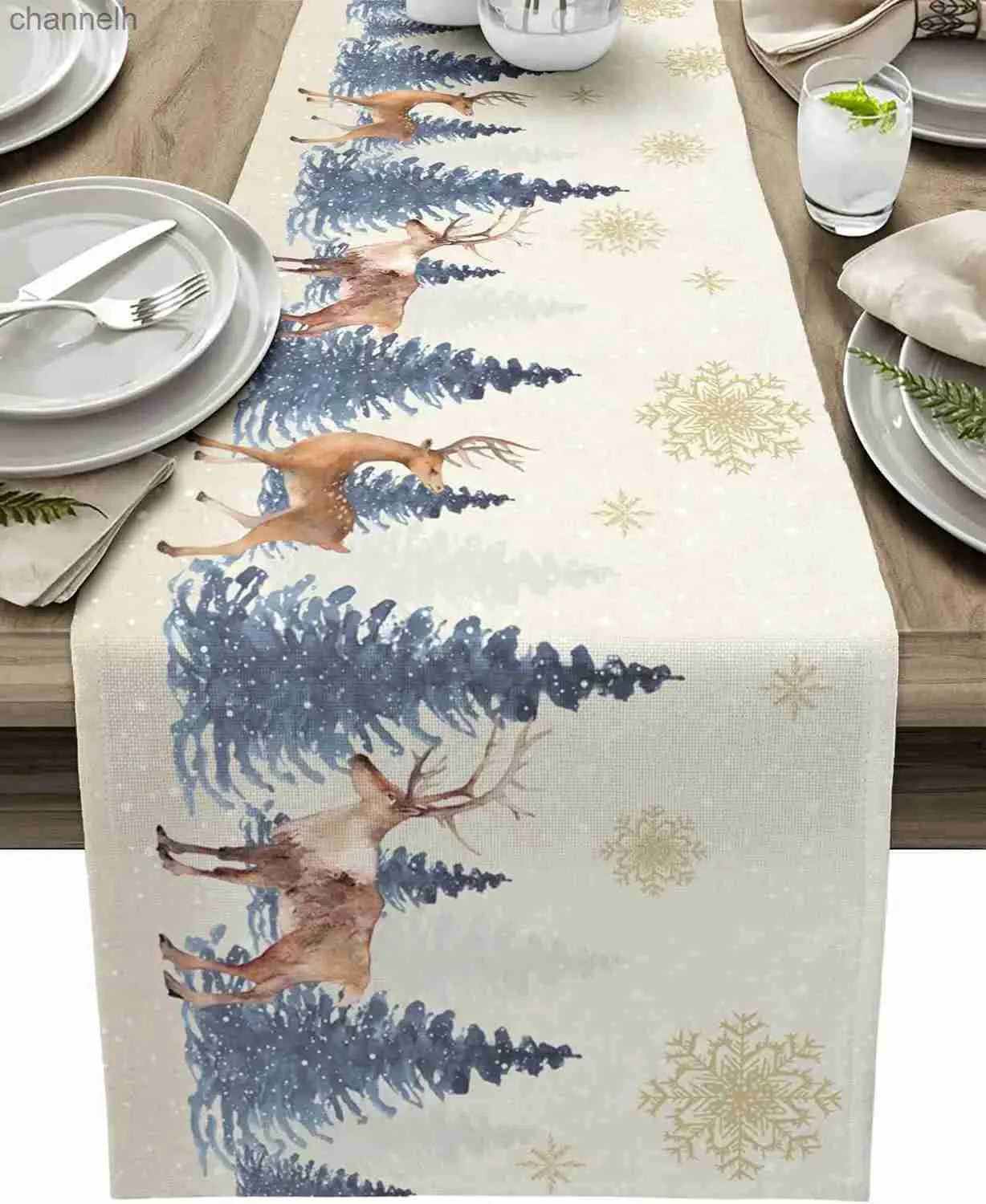 Table Runner Christmas Reindeer Xmas Tree Linen Runners Dresser Scarves Decor Washable Dining Decorations yq240330
