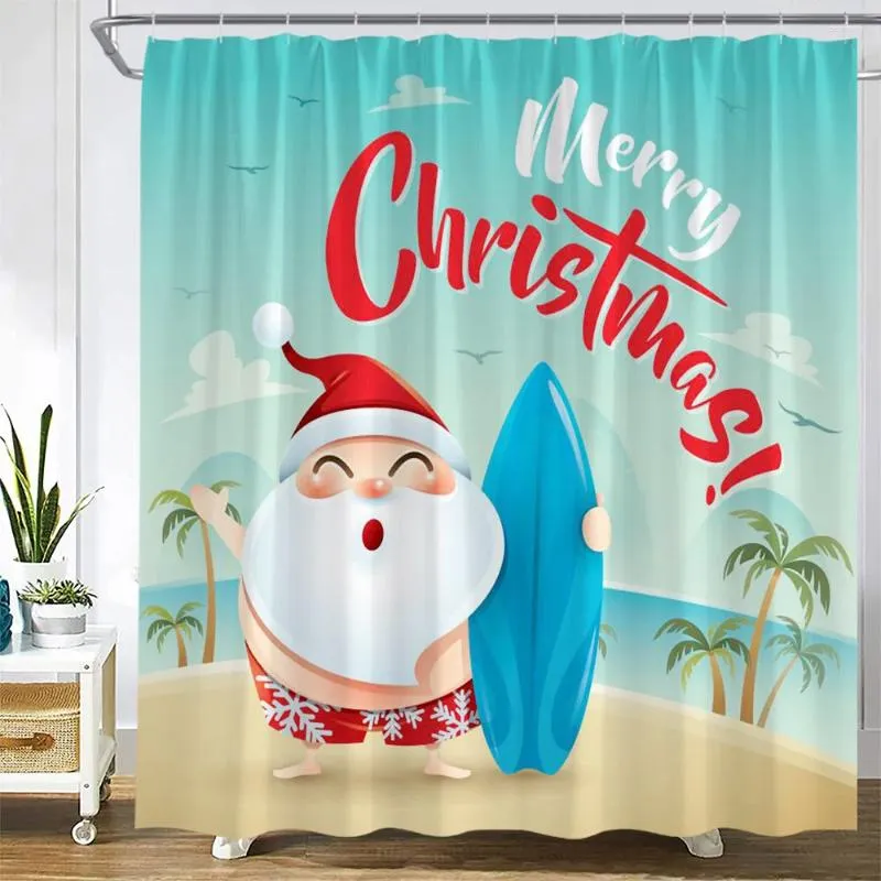 Shower Curtains Cartoon Christmas Funny Santa Clause Surfboard Beach Tropical Palm Trees Year Xmas Fabric Bathroom Decor Set