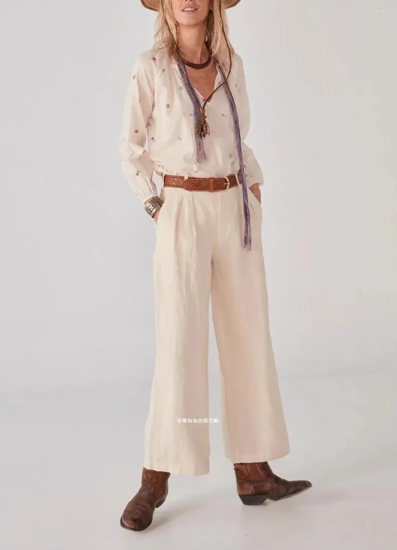 البلوزات النسائية أعلى نهاية 2024 ربيع النساء البوهيمي القطن المطرزة بلوزة طويلة الأكمام الأنيقة Lace-up tops pullover قمم القميص