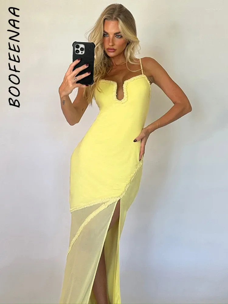 Robes décontractées BOOFEENAA Vacances Sexy Low Cut Maxi Robe pour femmes Été 2024 Asymétrique Mesh Patchwork Fente Longue Jaune C85-EG26