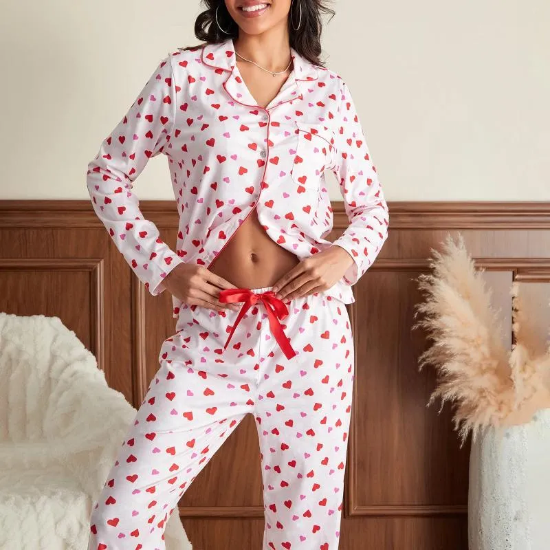 Thuis Kleding Dames Tweedelige Loungewear Casual Lente Liefde Hartprint Pyjamasets Lange mouwen, Knoopoverhemden en broeken voor nachtkleding
