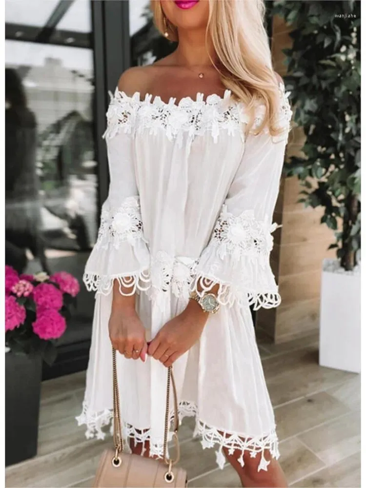 Casual Dresses Summer Sexy Off Shoulder Lace For Women's Fashion Pure Color Bell Sleeves Party Dress White Vintage Hollow Out Robe