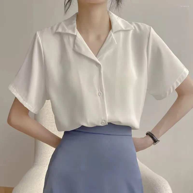 Bluzki damskie luźne koszula krótkie rękawe bluzka damska swobodna modna modna kobieca poliestr retro prosty stały kolor
