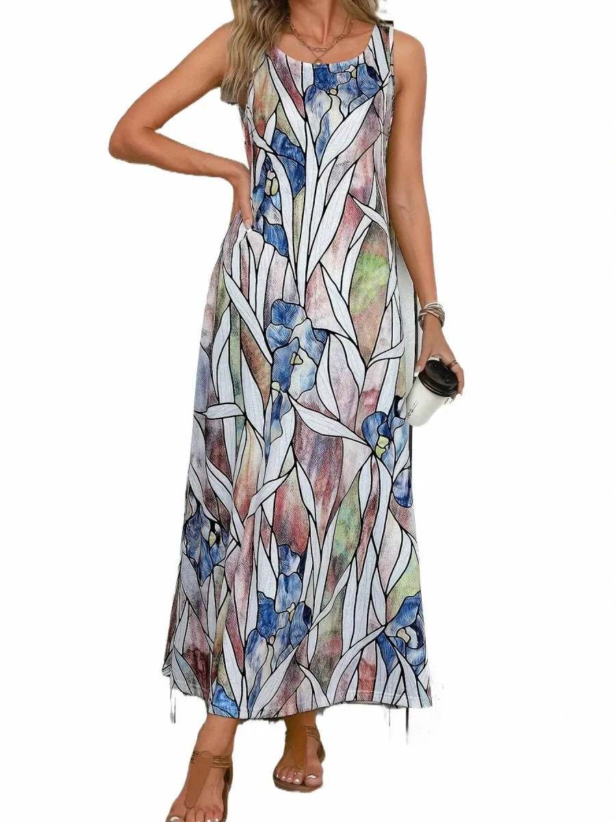 plus Size Casual Dr, Women's Plus Colorblock Floral Print Round Neck Maxi Tank Dr avec poches n8hQ #