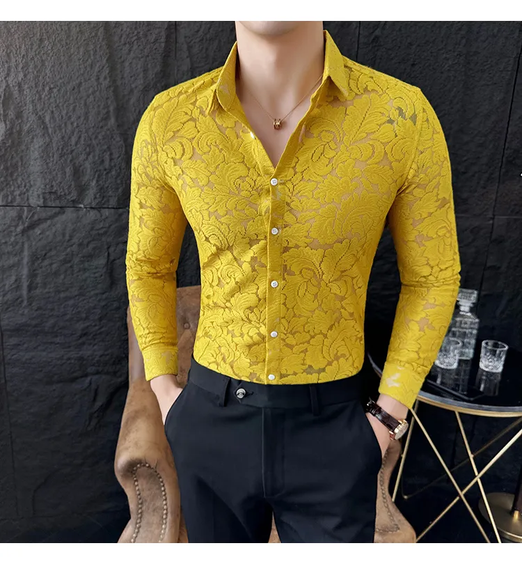トップス flower print sheer shirt / yellow / S Mens Floral Lace Sheer Dress Shirt, Slim Fit Long Sleeve