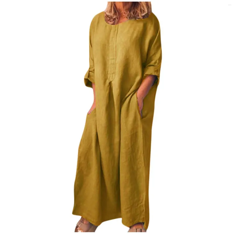 Casual Dresses Women'S Cotton Linen Dress Daily Vacation Solid Color Loose Straight Three Quarter Sleeves Round Neck Maxi