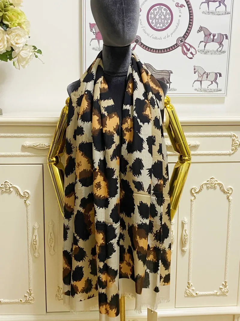 women's long scarf scarves shawl lace cashmere material beige print Leopard grain big size 190cm - 68cm