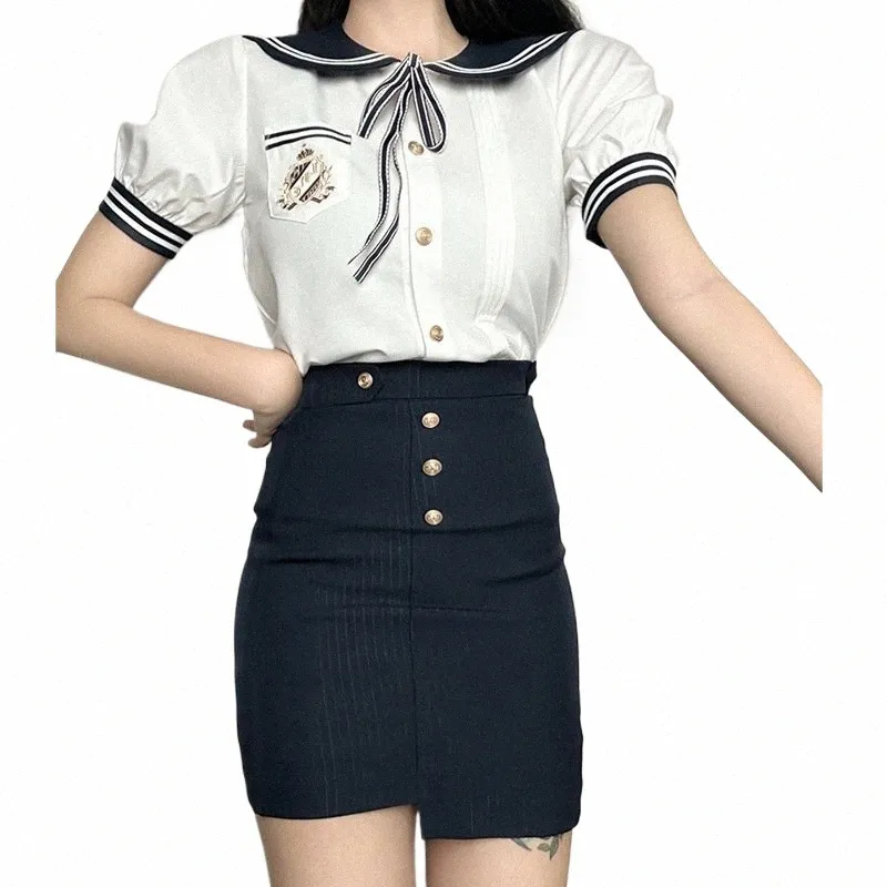 2023 koreanische Uniform Spicy Girl Set Sommer JK Sailor Neck Blase Hülse Hemd Design Gefühl Eingewickelt Hüfte Kurzen Rock Nachtclub dr R1s7 #