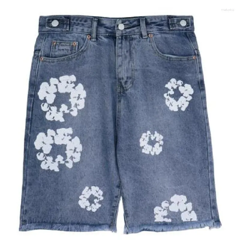 Jeans masculinos high street oversized floral curto streetwear lavado flor impresso denim shorts para masculino verão bottoms