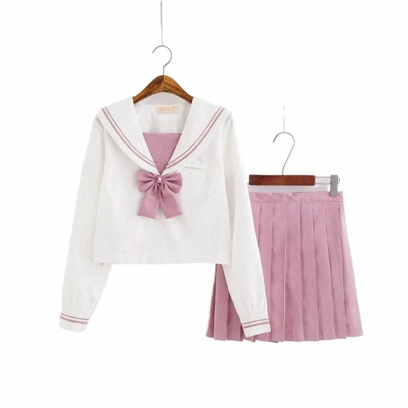 donne ricamo Dr Set JK stile preppy scuola costume uniforme studenti ragazze colletto alla marinara corto crop top minigonna rosa I8Ug #