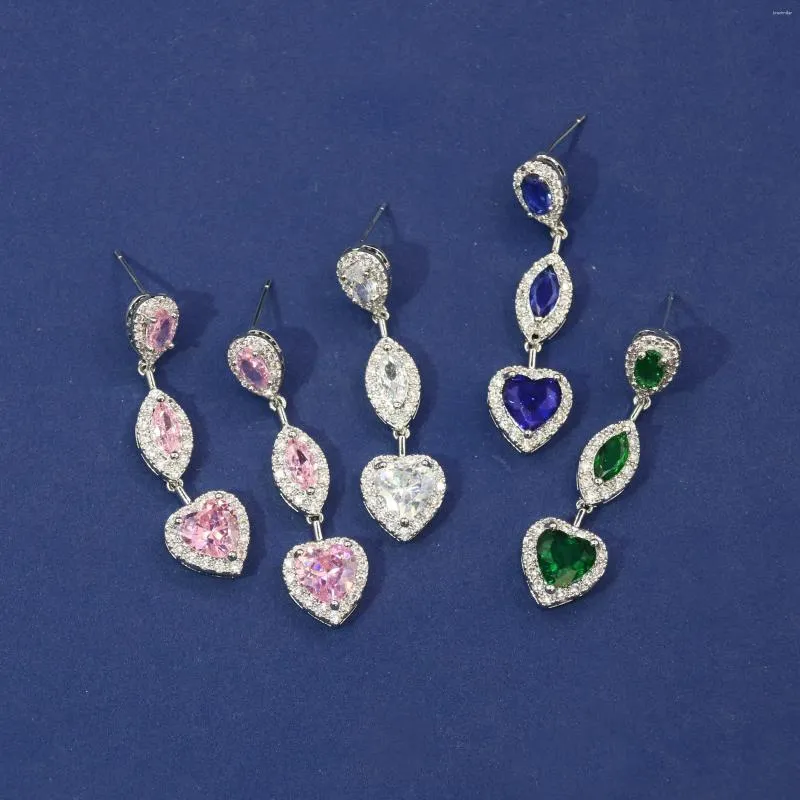 Boucles d'oreilles pendantes en forme de cœur pour femmes, couleurs brillantes, zircone cubique, longue goutte géométrique, mode, bijoux de fête quotidiens