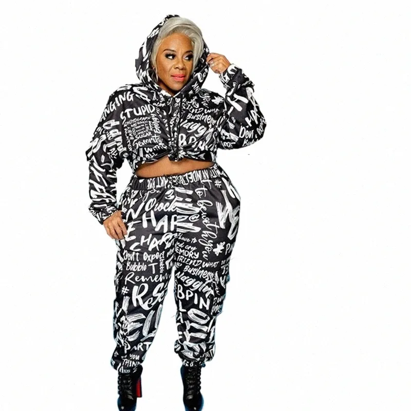 2 Piece Outfits For Women Pants och Top Hoodie Joggers Matching Set Letter Print Plus Size Tracksuit grossist Dropship 670r#