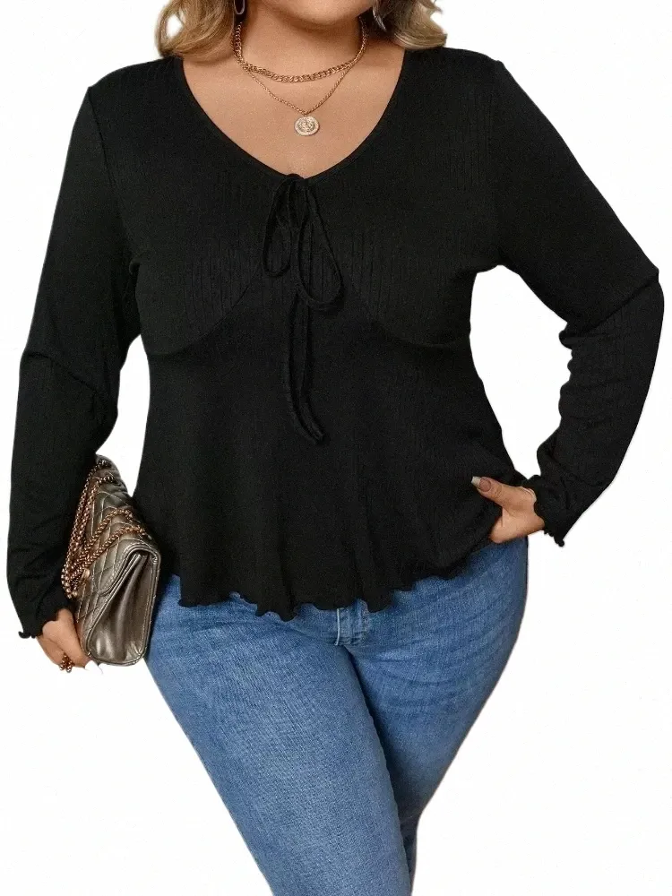 Chemisier noir de grande taille pour femmes, pull décontracté, col en V, manches Lg, T-Shirts, coupe cintrée, bureau, dame, automne hiver, Tops 2023, R9ty #