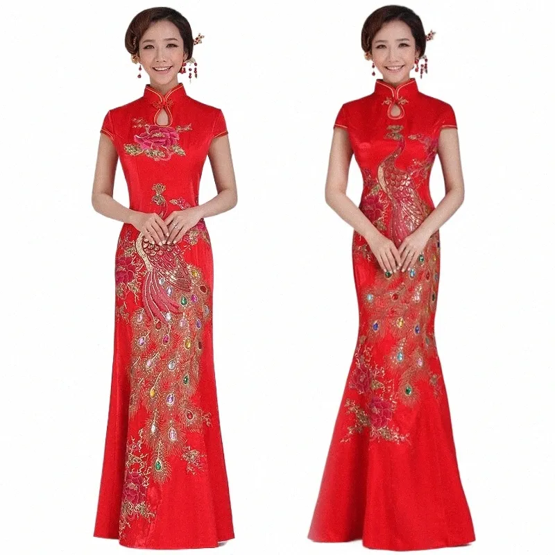 Китайский Новый год женская одежда LG Dr Red Китайский хвост русалки Свадьба Dr Party Chegsam Qipao Невеста Плюс Размер Hanfu y9MF #