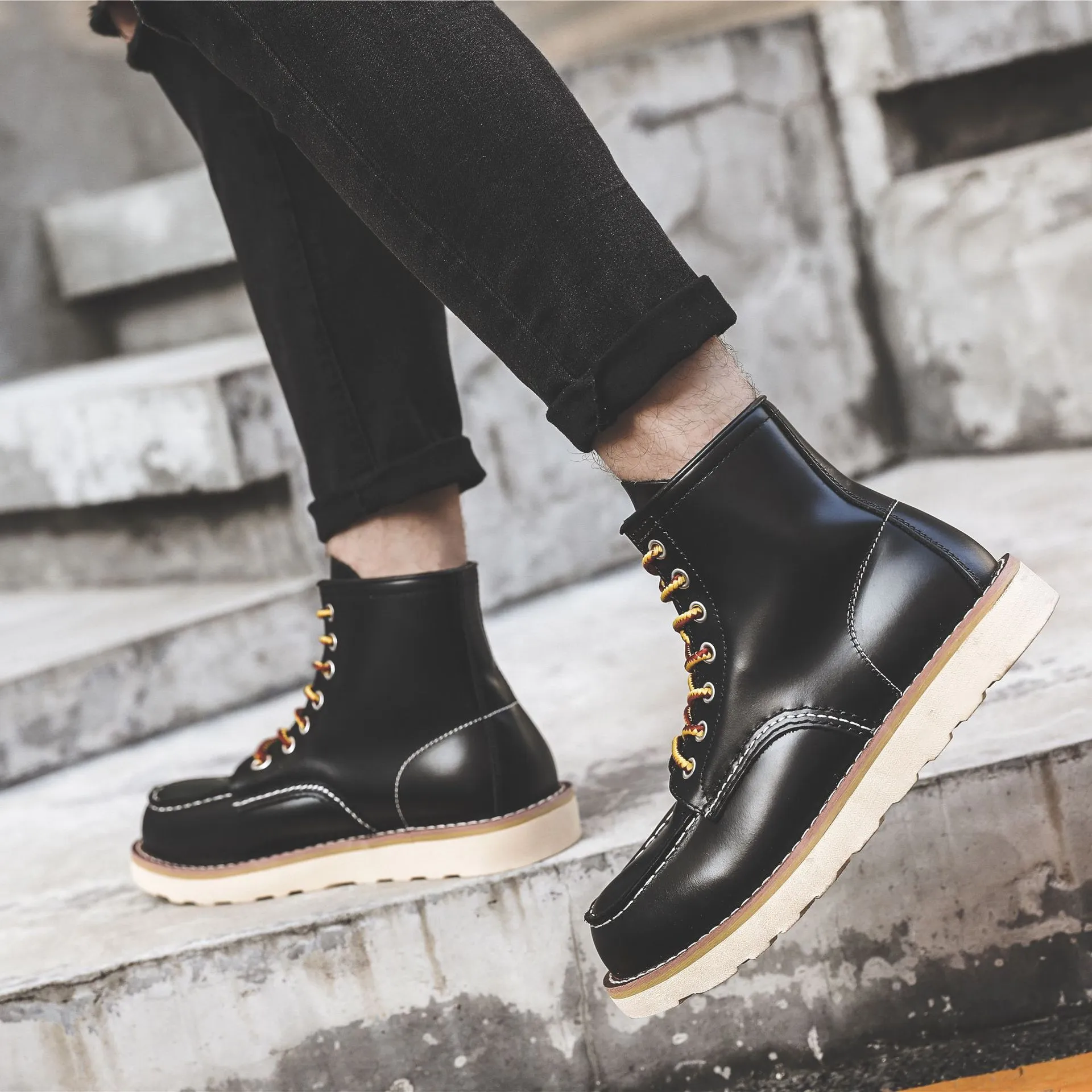 Herren Frühling Winter Freizeitschuhe Runde Zehen Echtleder Arbeitsstiefel Knöchel Vintage Militär Motorradstiefel Schnee Warm Große Größe_voghion.com