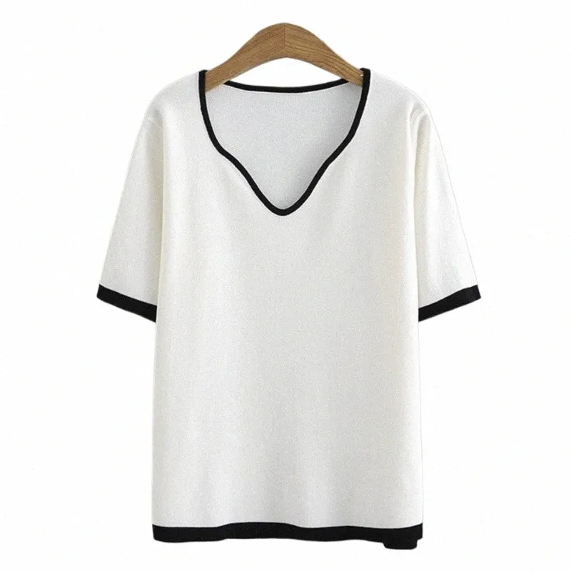 Plus Size Básico T-Shirt Mulheres 2023 Verão Ice Silk Knit Onda V-Neck Tees Manga Curta Tops Oversized Curva Roupas w7oJ #