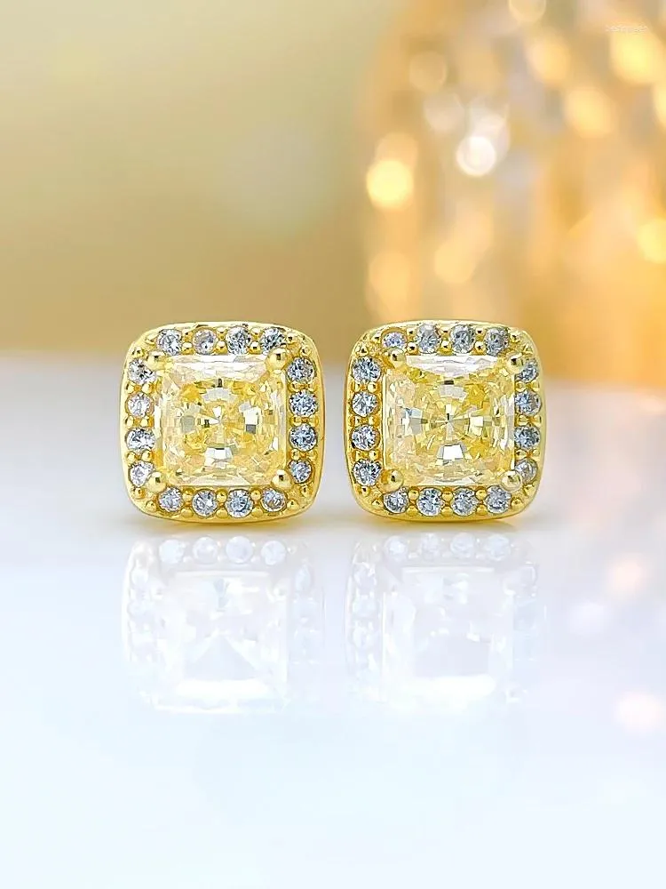 Ohrstecker, modisch, 925er-Sterlingsilber, gelber Diamant, besetzt mit Diamanten mit hohem Kohlenstoffgehalt, kleine, alltägliche Prinzessinnenquadrat