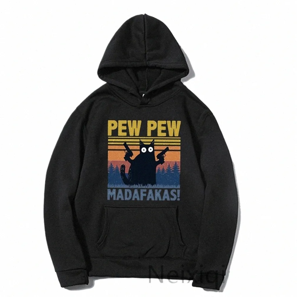 Plus Size Outono Inverno Cartos Cat Pew Pew Madafakas Engraçado Mulheres Homens Hoodie Harajuku Roupas Crewneck Respirável Com Capuz D9mw #