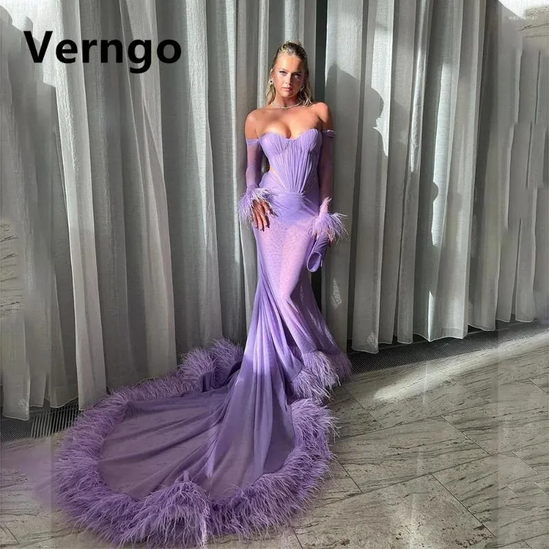 파티 드레스 VERNGO PURPLE Chiffon 이브닝 드레스 여성 연인 인어 가운 우아한 깃털 무도 2024