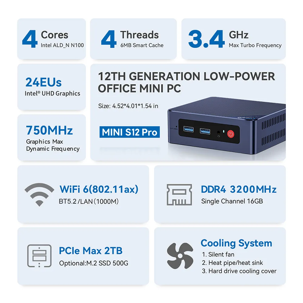 Beelink Mini S12 Pro Intel N100 miniature pc - 12th Gen N95, 16G 