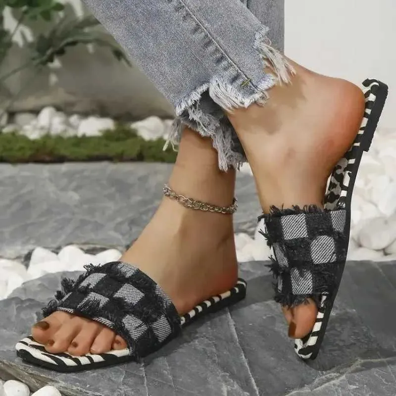 Chinelos novas mulheres denim slide sandálias de verão plataforma casual dedo do pé aberto moda jeans lona chinelo sapatos pantuflas jer h240328