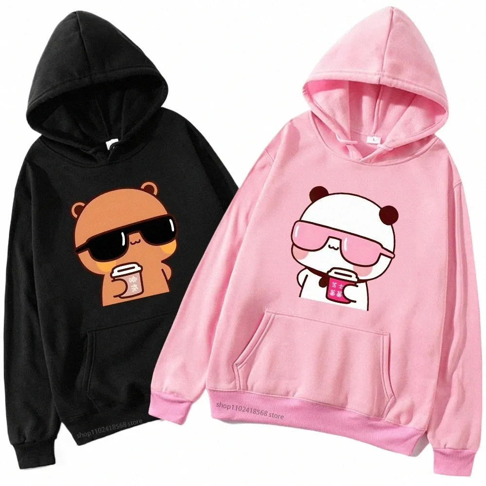 Par Hoodies Bubu tittar på film med dudu plus size sweatshirt carto kawaii tryck pullover harajuku män kvinnor sudaderas p908#